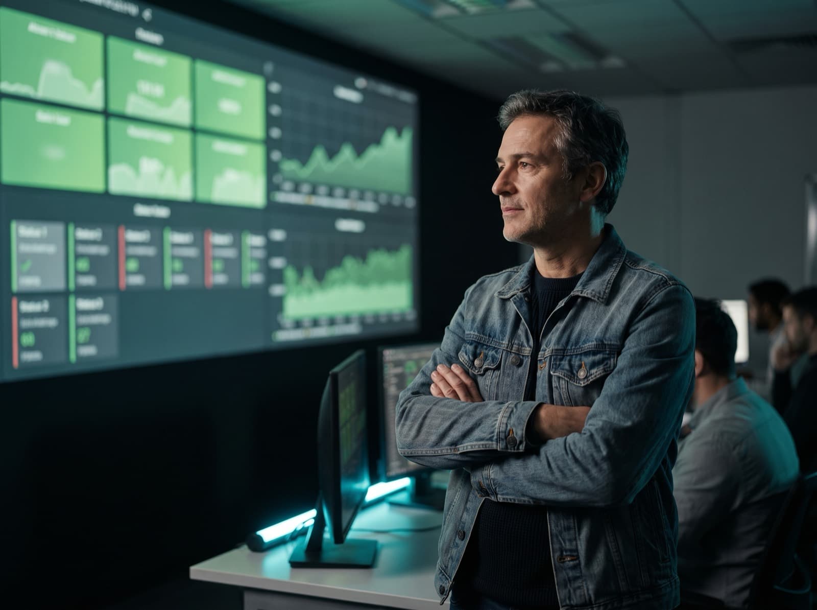 Ingeniero revisando paneles de sistemas en producción en un espacio oscuro iluminado por luz esmeralda