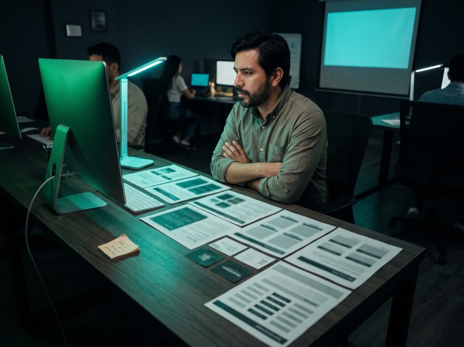Focused professional working at night with two screens casting cyan light on her face