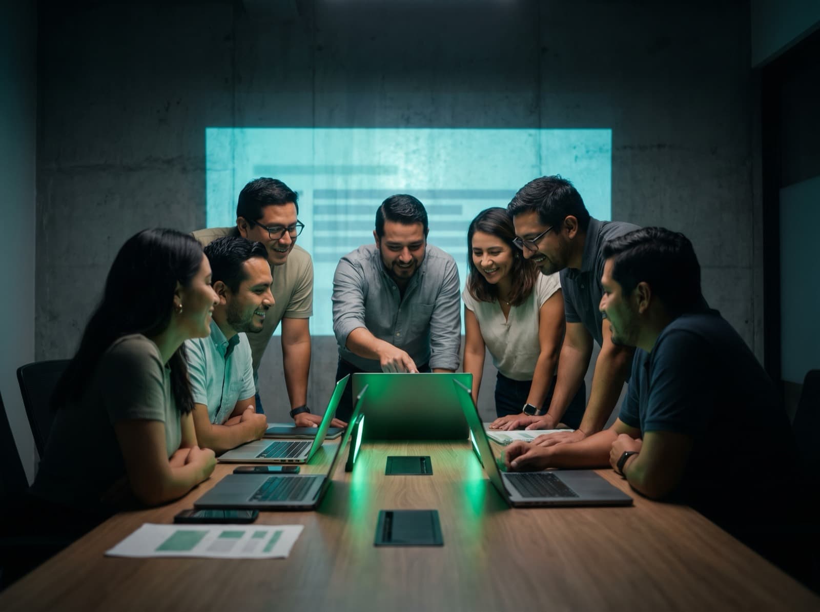 Group of professionals gathered around a table with laptops, lit by the emerald light of the screens