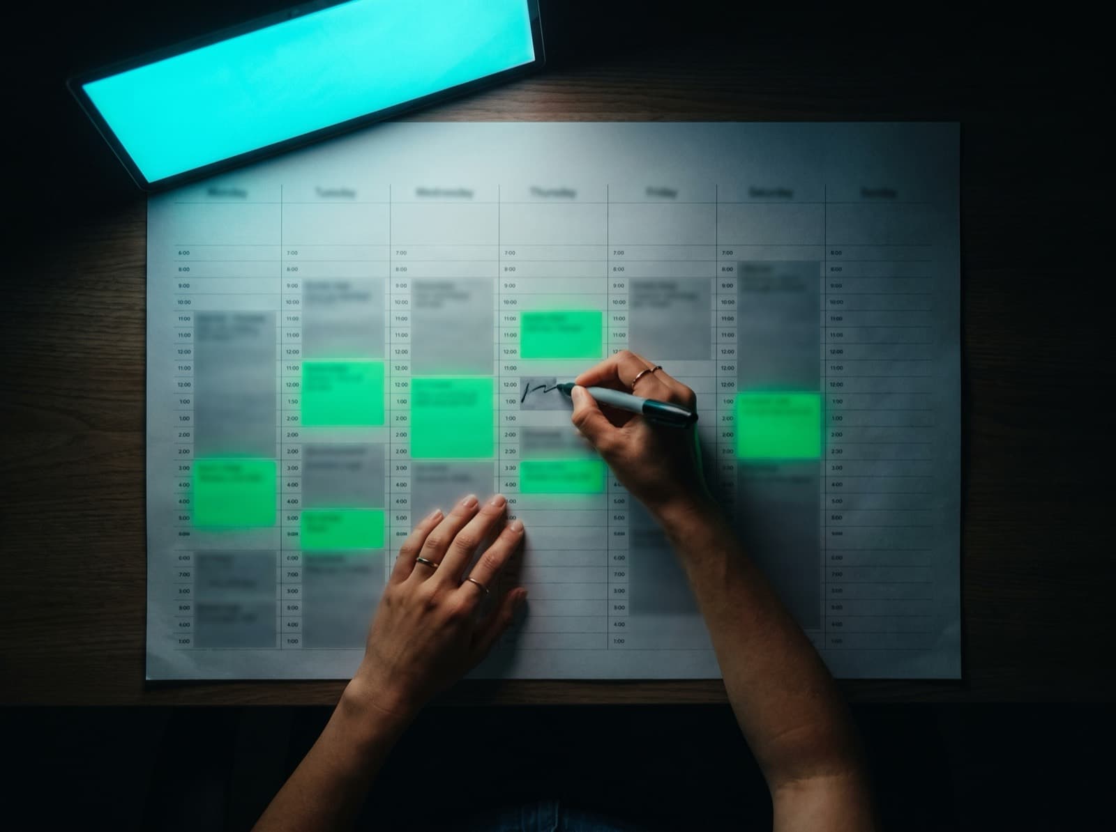 Professional reviewing their work week on a monitor that lights the desk with emerald light