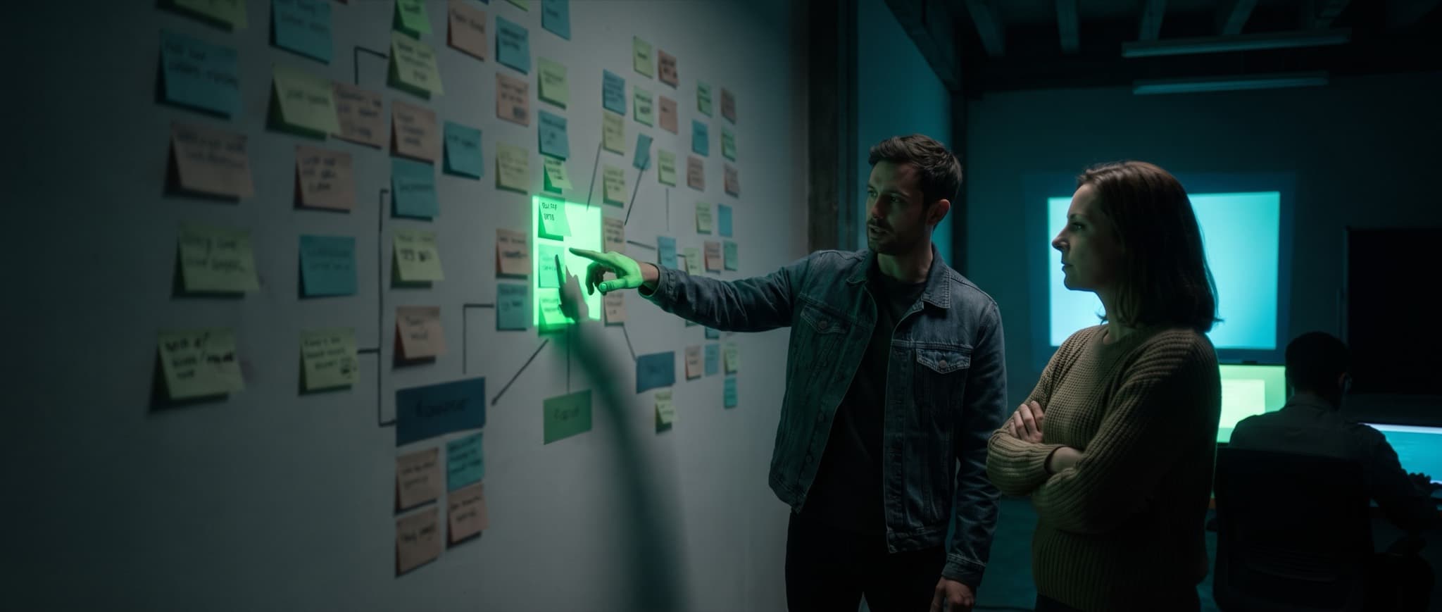 Two professionals review a process map in a dark room; one card on the wall is lit emerald