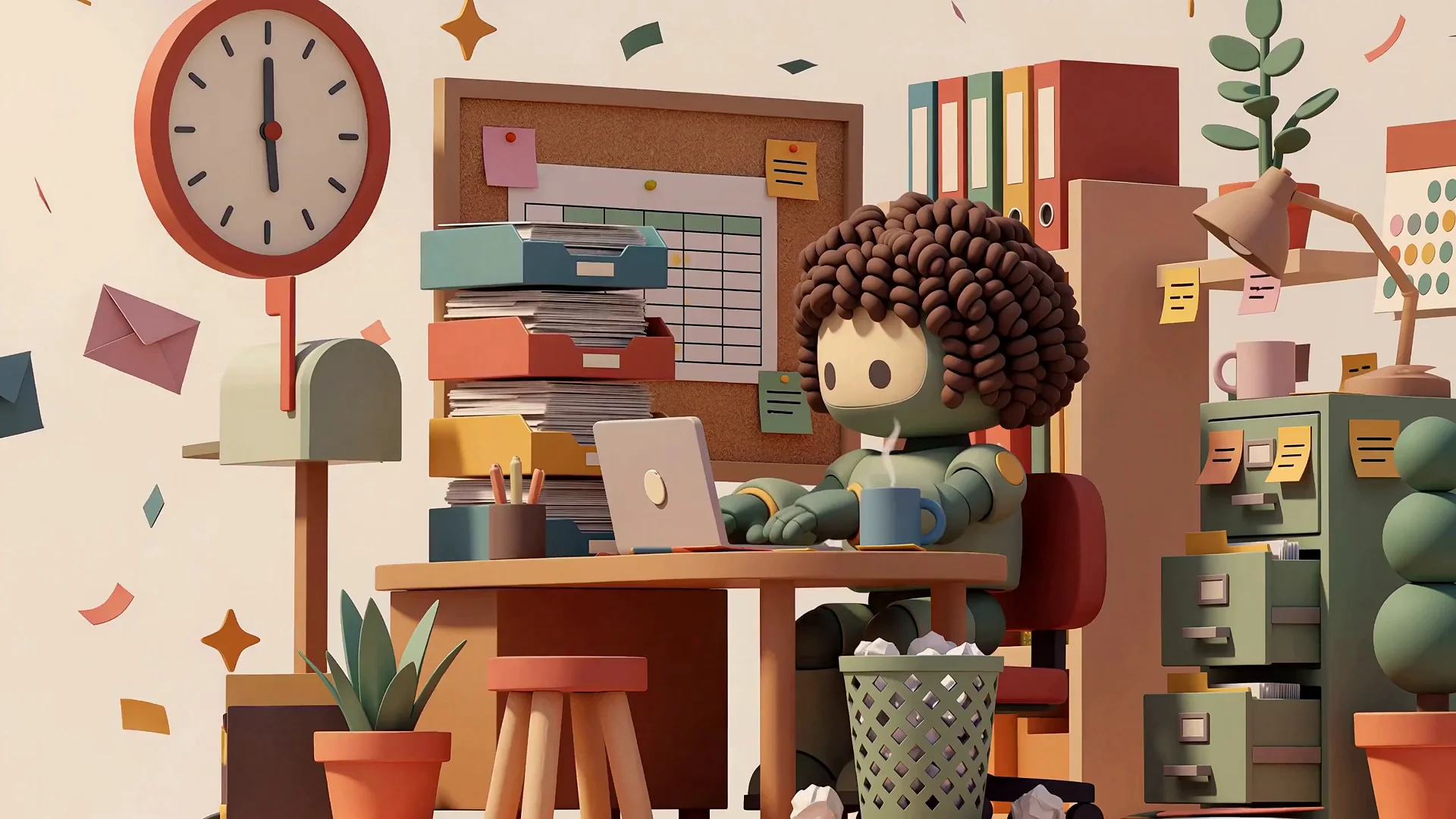 Professional reviewing their work week on a monitor that lights the desk with emerald light